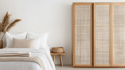 A serene bedroom featuring bamboo wardrobe with sliding doors, complemented by cozy bed and natural decor.
