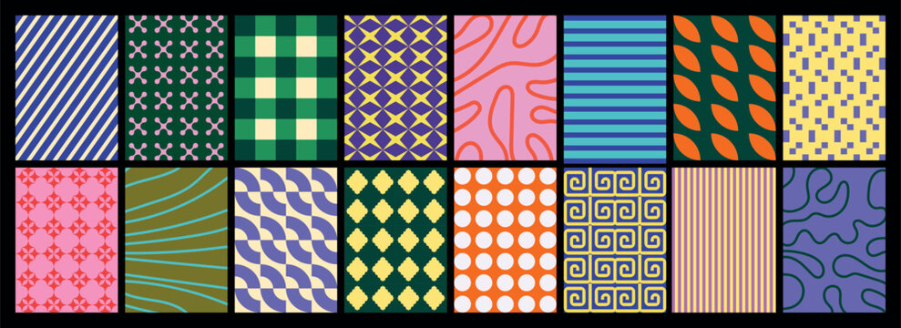 collection of textured vector backgrounds with simple and fun repeating patterns. Abstract colorful funky backgrounds for cards, posters, covers, banners, or branding.