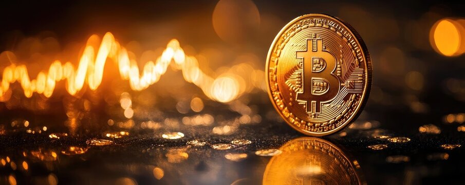 A shimmering gold Bitcoin coin on a reflective surface, set against a dynamic background of rising cryptocurrency trends.
