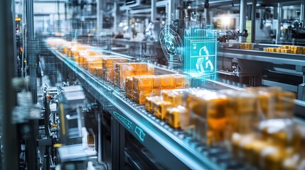 Fototapeta premium Automated Food Processing Packaging Line with Real-Time Production Analytics Overlay