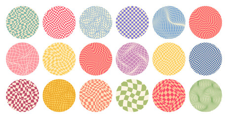 Groovy checkered pattern, round colorful tiled grid. Vintage wavy curved backdrop, distortion effect. Funky geometric chessboard texture, retro background in 90s style, y2k. Vector illustration