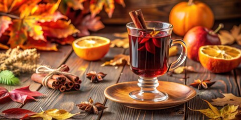 Fototapeta premium Elegant autumn table setting with warm spices and a glass of mulled wine, autumn, table, setting, elegant, warm spices