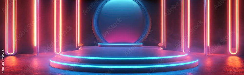 Poster Illuminated podium in an abstract scene with neon lighting 3D rendering of a futuristic backdrop