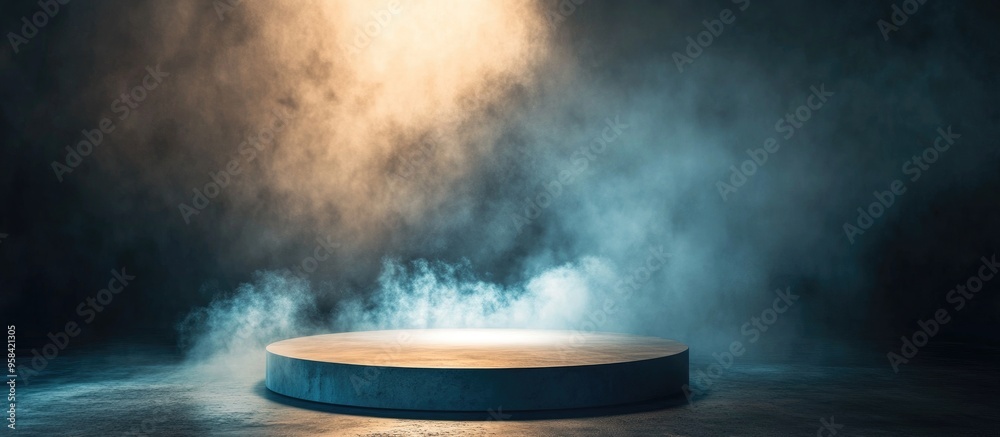 Poster Creative background concept featuring an empty light surface with smoke or fog at the base Ample free space for copy Podium and stage setup