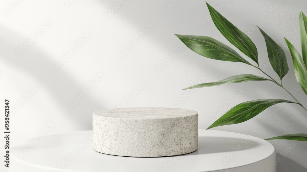 Poster stone slab pieces with a white backdrop featuring podium props for product presentation 3d rendering