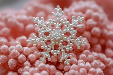 White Pearl Snowflake Ornament on Pink Fabric