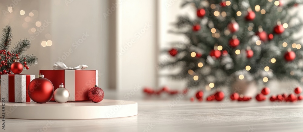 Aufkleber christmas and new year product display podium mockup featuring a decorated tree 3d render background