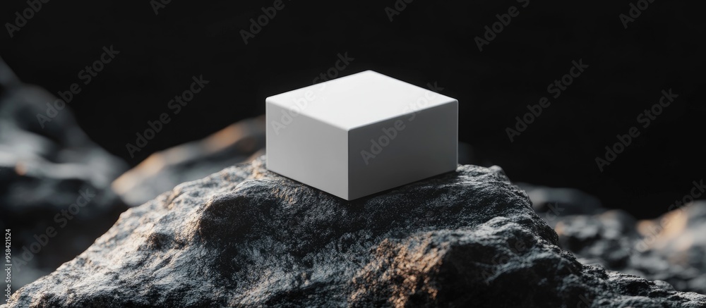 Poster Square cosmetic container on a rock surface with a black backdrop 3D rendering