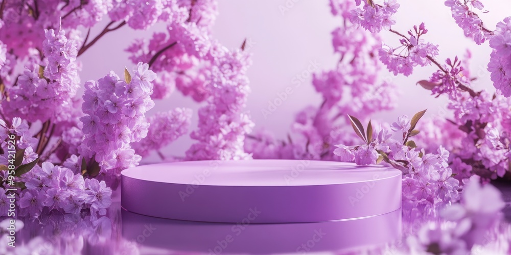 Aufkleber violet podium displayed against a backdrop of cherry blossom flowers ideal for product placement 3d 