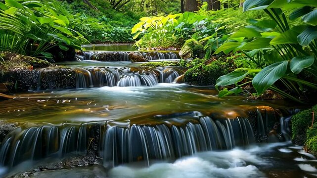 Serene small waterfall surrounded by lush greenery in a tranquil forest setting