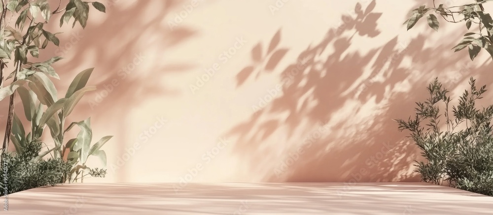 Poster subtle pastel background featuring wall shadows designed for showcasing products minimalistic botani