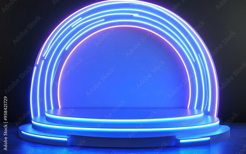 Poster futuristic podium designed for award presentations featuring lighting effects and a blue backdrop ne