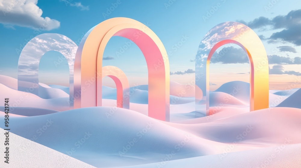 Poster Surreal pastel landscape featuring geometric shapes and abstract desert dunes complemented by arches a panoramic futuristic scene with ample copy space set against a blue sky with clouds
