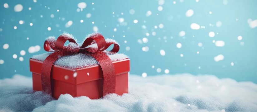 Minimal winter themed product backdrop for holiday and sales events Colorful gift box adorned with a ribbon bow placed against a blue background 3D rendered illustration with clipping path for each