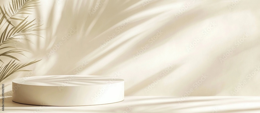 Poster minimalist background featuring leaf shadows on a cream beige wall for product advertising exhibitio