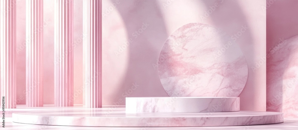 Poster minimal pastel studio background featuring a 3d marble podium and abstract geometric shapes