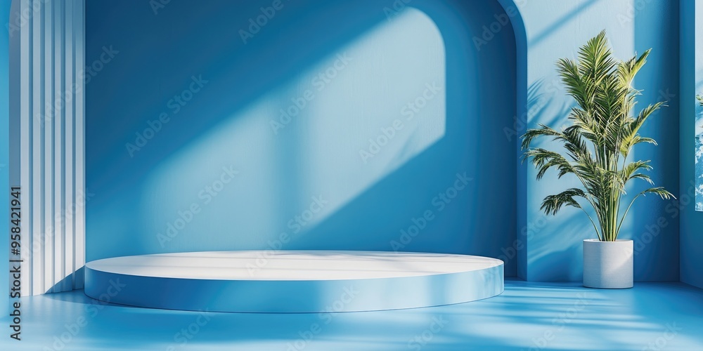 Poster Product display in a blue studio setting minimalistic design 3D rendering