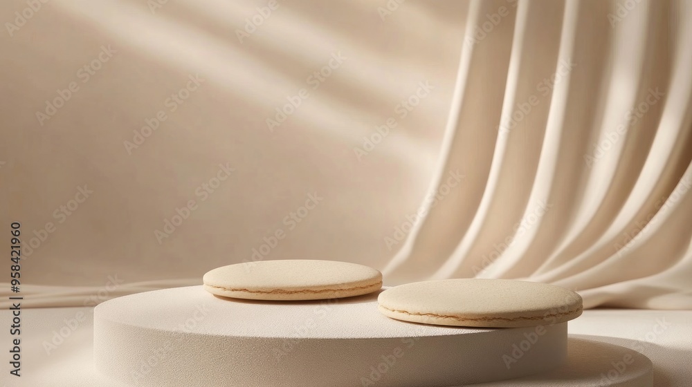 Poster Abstract background featuring cookie shaped podiums with subtle lines on a neutral backdrop 3D rendering