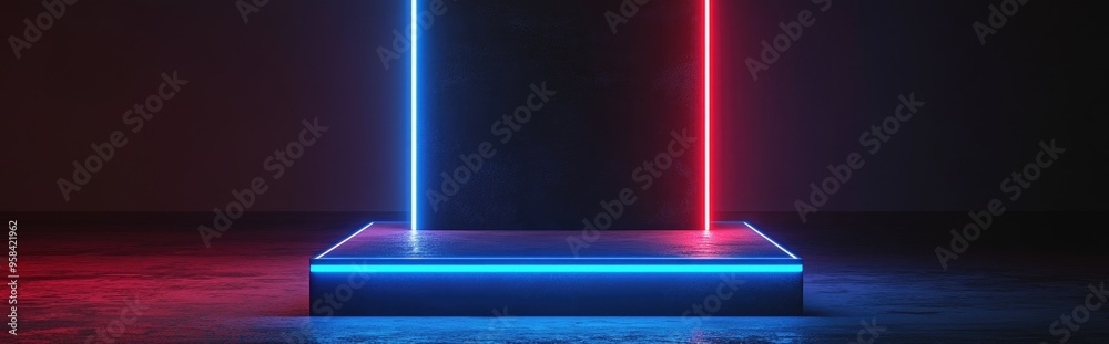 Poster square pedestal with blue neon lights on a gray background 3d rendering