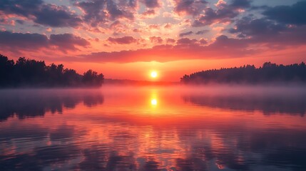 Obraz premium A dramatic sunset reflects on a misty lake, blending vivid colors with the soft, ethereal mist.