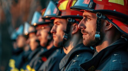 Naklejka premium Focused team of firefighters in helmets standing in line.