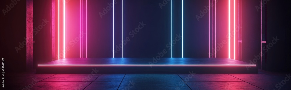 Aufkleber Empty stage illuminated by neon lines in a dark environment 3D rendering Digital illustration