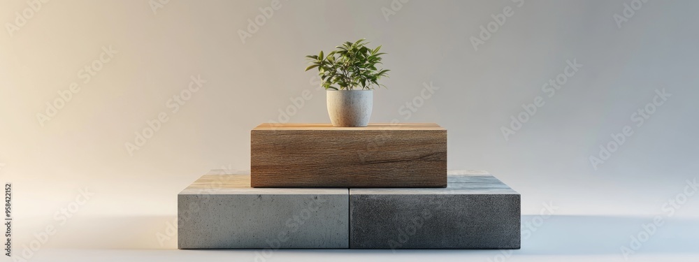 Poster Product display stand featuring a square box design with wood and concrete textures rendered in 3D