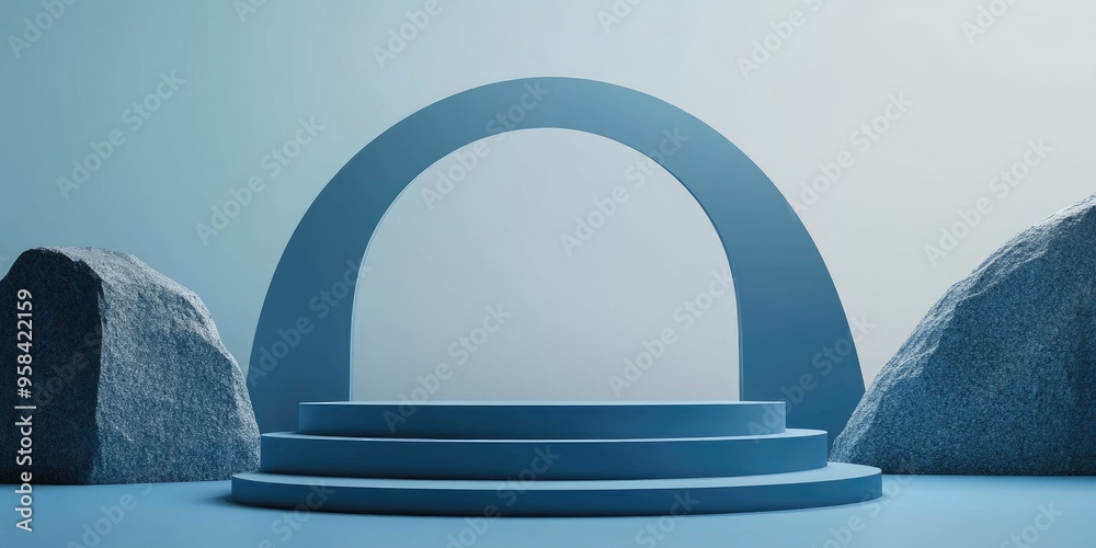 Poster Minimalist scene featuring a blue podium for mock up presentations complete with ample copy space 3D rendered abstract background design