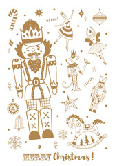 Ballet the Nutcracker. Cute  gold Christmas vector Interior  poster. 
