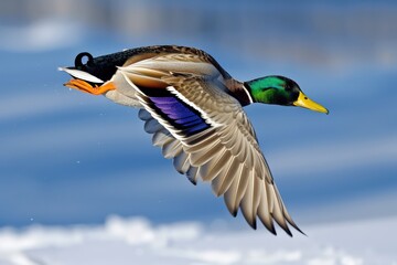 Obraz premium Male Mallard in Flight: Vibrant Anas Platyrhynchos Drake Soaring in Blue Winter Sky of Canada