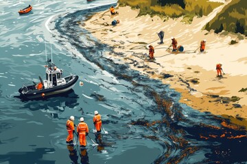 Environmental workers cleaning up an oil spill near a coastline with a boat assisting. Teamwork and environmental protection efforts in action.