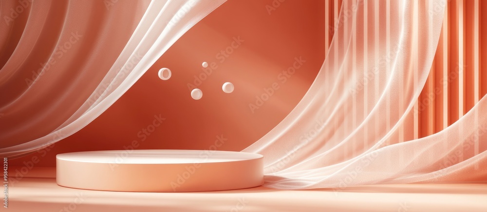 Poster abstract geometric composition featuring levitating silk and a podium against an abstract backdrop d