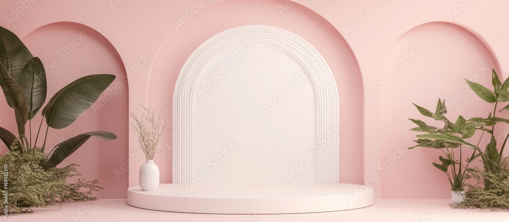 Aufkleber Minimalist background featuring a podium for product display combining abstract white geometric shapes with a soft pink tone for a Valentine s Day theme created through 3D rendering