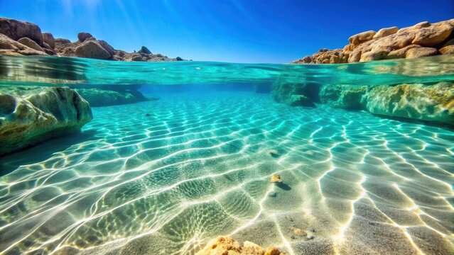 Underwater photo of sandy seabed with a rocky shelf and clear water Marina di Pulsano, Taranto, Puglia, Italy