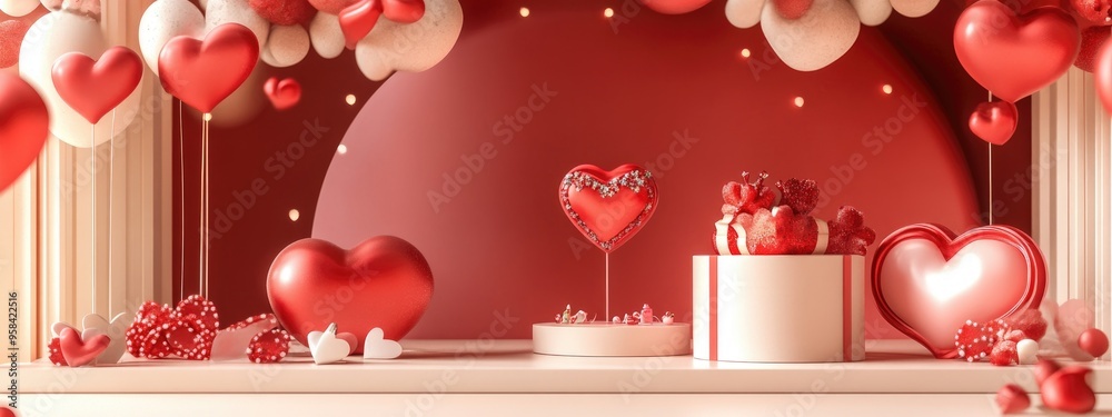 Poster valentine s day themed backdrop featuring festive decor elements and a display podium for showcasing