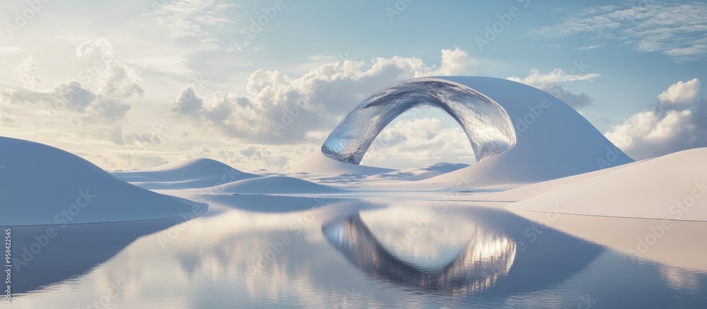 Poster Surreal dreamlike landscape featuring abstract dunes in a winter setting complemented by a geometric arch Enchanting island scenery with water and a natural cloudy sky highlighted by a metallic mir