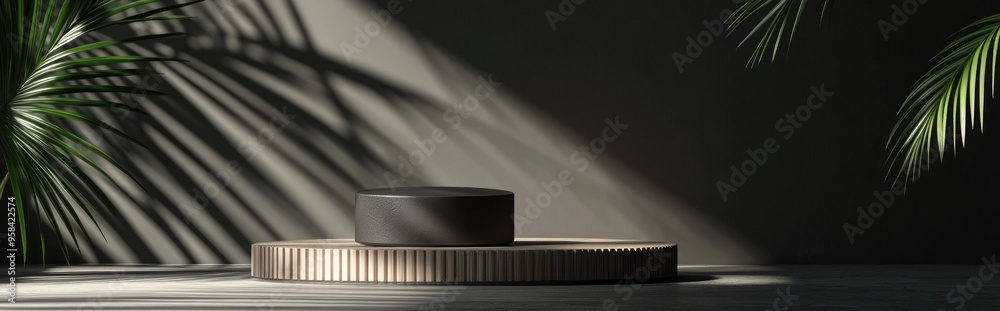 Poster simple 3d render featuring a dark gray and black minimalist product display with a wooden podium and