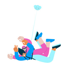 Cheerful flying female show piece sign gesture and male, perform tandem skydiving jump. Extreme sport activities. Modern flat vector illustration.