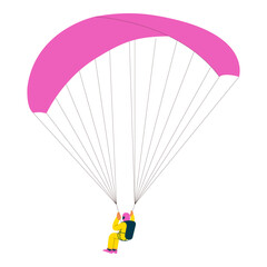 Flying person perform solo skydiving jump with parachute. Extreme sport activities. Modern flat vector illustration.