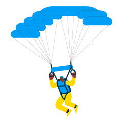 Cheerful flying male perform solo skydiving jump with parachute. Extreme sport activities. Modern flat vector illustration.