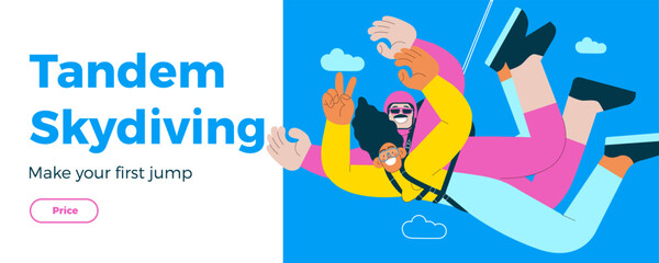 Cheerful flying female show piece sign gesture and male, perform tandem skydiving jump. Extreme sport activities. Modern vector illustration. Tandem skydiving. Landing page, website banner template