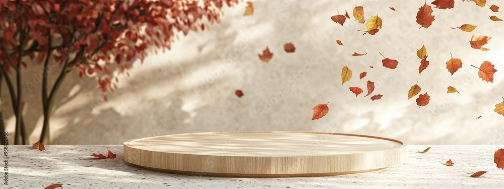 Aufkleber empty wooden display stand on terrazzo with 3d rendering and falling leaves high quality image