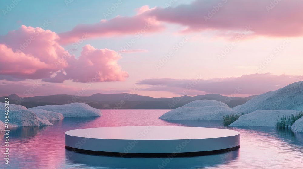Poster premium 3d abstract minimalistic design showcasing an empty podium surrounded by a tranquil pond wit