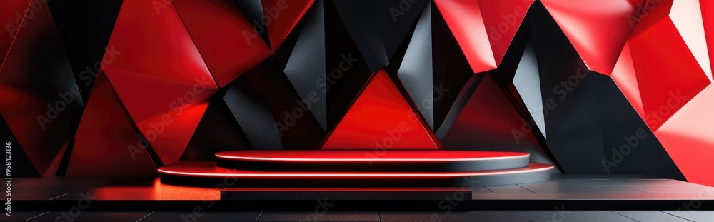 Poster black and red 3d shapes wall with shiny surfaces modern platform 3d render