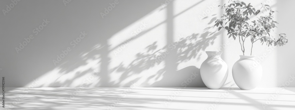 Leinwandbilder monochromatic backdrop featuring vases shadows of trees and natural light 3d render