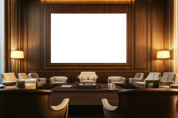 A modern lounge with wooden walls, comfortable seating, and a large blank screen.