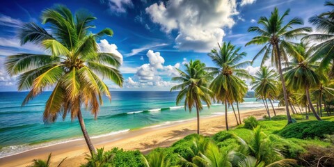 Fototapeta premium Beach landscape with lush palm trees and stunning sea view, tropical, paradise, vacation, coastline, relax, sunny, horizon