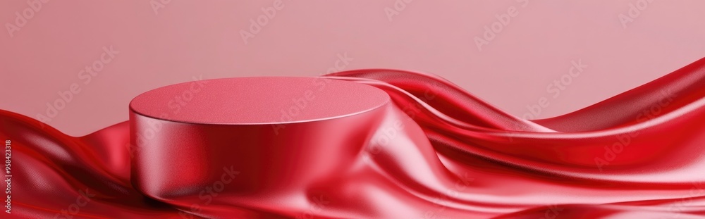 Aufkleber round podium on a soft pink background flowing red silk fabric cascades to the surface 3d render ill