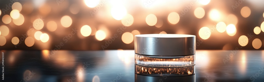 Poster Empty cylinder container with a bokeh backdrop Elegant cosmetic product showcase scene 3D rendering