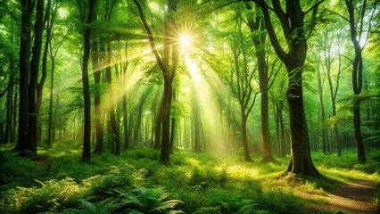 Fototapeta premium Lush green forest with sunlight filtering through the trees, nature, background, forest, greenery, foliage, trees